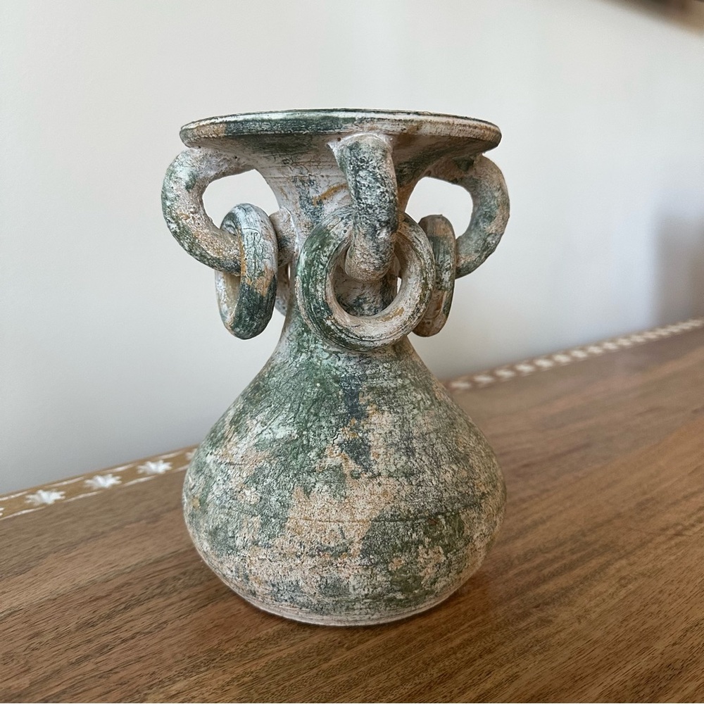 Green & Cream Stone Vase with Ring Details